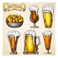 hand drawn beer with snack isolated on grunge backdrop. various types of beer glasses set in vintage style. Beer mugs with liquid Royalty Free Stock Photo