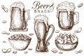 Hand drawn beer and snacks collection isolated on white. Bar or Pub food set in vintage style. Beer mugs with liquid