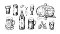 Hand drawn beer. Vintage wooden and glass pub mugs with bear and alcoholic beverages with bubble foam. Vector set