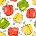 Hand drawn bell peppers in line art flat style. Vector seamless pattern on a white background. Royalty Free Stock Photo