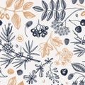 Hand drawn berries backdrop in engraved style. Wild berries and flowers seamless pattern. Hand drawing. Vintage forest plants Royalty Free Stock Photo