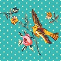 Hand drawn bird flying with flower roses tropical vintage print, Royalty Free Stock Photo