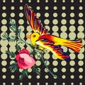 Hand drawn bird flying with flower roses tropical vintage print, Royalty Free Stock Photo