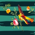 Hand drawn bird flying with flower roses tropical vintage print, Royalty Free Stock Photo