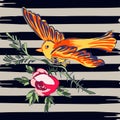 Hand drawn bird flying with flower roses tropical vintage print, Royalty Free Stock Photo