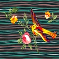 Hand drawn bird flying with flower roses tropical vintage print, Royalty Free Stock Photo