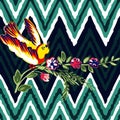 Hand drawn bird flying with flower roses tropical vintage print, Royalty Free Stock Photo