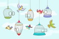 Hand drawn birds leaving their cages Royalty Free Stock Photo