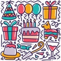 hand drawn birthday party doodle set