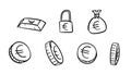 Hand drawn black business euro symbols. 2d money illustration with doodle design style