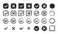 Hand drawn black check mark and black cross icon set. Circle and square. Tick symbol in green color, vector illustration Royalty Free Stock Photo