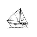 Hand drawn black color boat or ship. Doodle style. Sketch vector illustration.