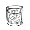 Hand drawn black color glass with ice cubes and strong drink. Rum, whiskey, vodka. Royalty Free Stock Photo