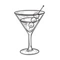 Hand drawn black color martini cocktail engraving style vector art illustration. Royalty Free Stock Photo