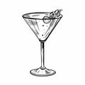 Hand drawn black color martini cocktail with olive. Vintage style.