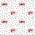 Hand drawn black confetti on white background simple abstract seamless vector pattern illustration with pink speech bubbles and lo
