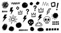 Hand drawn black doodles including skulls lightning bolts crowns circles question marks scribbles and exclamation marks on white Royalty Free Stock Photo