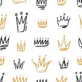 Hand drawn black and golden crowns seamless pattern. Doodle symbols of monarchy with colorful contour lines vector