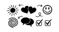 Hand-drawn black icons of sun, hearts, smiley face, spiral, speech bubbles, and check marks in vector format Royalty Free Stock Photo