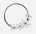 Hand drawn black lily flower round wreath in cute doodle style. Luxury elegant vector llustration