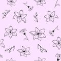 Hand drawn black lily flower seamless pattern in cute doodle style on pink background. Vector illustration Royalty Free Stock Photo