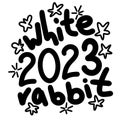 Hand drawn black line illustration of white rabbit 2023 chinese new year symbol. Cute words lettering phrase animal