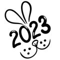 Hand drawn black line illustration of white rabbit 2023 chinese new year symbol. Cute words lettering phrase animal