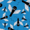 Black microphones with wings. Seamless pattern. Vector illustration on blue background