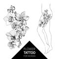 Hand drawn black outline bouquet with orchid and plumeria on a white background isolated. Highly detailed vector