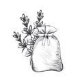 Hand drawn black pencil lavender flowers with aroma bag isolated on white background. Can be used for post card, label, ornament