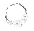 Hand drawn black peony flower and hexagon frame in cute doodle style on white background