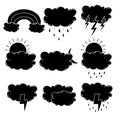 Hand drawn black solid weather icons set vector. Hand drawn black and white weather symbols. Cloud and sky Royalty Free Stock Photo
