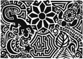 Hand drawn black tattoo pattern in maori style with turtle, sun or flower, leaf, moon, star and lizard on white background.