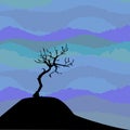 Hand drawn black tree without leaves on foggy smoky misty background. Branches of small plant on vector