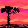 Hand drawn black tree without leaves on red foggy smoky misty . Branches of baobab plant on vector illustration. Simple