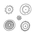 Hand drawn black vector illustration of set of metallic or plastic gears isolated on a white background Royalty Free Stock Photo