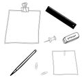 Hand drawn black vector illustration of stationery tools Clips, piece of paper, scissors, pins, eraser isolated on a Royalty Free Stock Photo