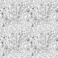 Vector hand drawn black and white artistic doodle seamless pattern. Fluid organic shapes. Black isolated artistic graphic elements