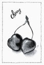 Hand drawn black and white ballpoint pen drawing of cherries with handwriting and frame Royalty Free Stock Photo