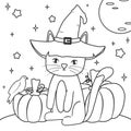 hand drawn black and white cartoon cat with wizard hat and pumpkins funny halloween vector illustration Royalty Free Stock Photo