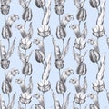 Hand drawn black and white charcoal pencil illustration tulip flowers in vintage style on a dust blue background