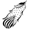 Hand-drawn black and white cute bird feather with decorative beads, dots and patterns. Cute abstract design element for coloring,