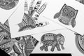 Hand drawn black and white doodle sketches, coloring mandala pages