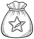 Hand drawn black and white illustration of a drawstring bag with a star emblem Royalty Free Stock Photo