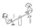 Hand drawn black and white illustration of kids on a teeter totter.