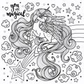 Hand drawn black and white image for coloring. Unicorn with a long mane. Vector