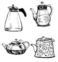 Hand drawn black and white ink illustration sketch of kettles