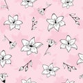Hand drawn black and white lily flower seamless pattern in cute doodle style on pink background. Vector illustration Royalty Free Stock Photo