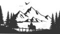 Hand Drawn black and white mountain landscape vector illustration with lake bird forest pine trees