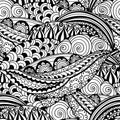 Hand-drawn black and white seamless pattern with abstract waves, circles and flowers Royalty Free Stock Photo